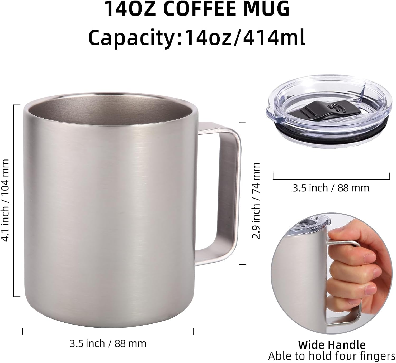 Volhoply 14oz Insulated Stainless Steel Coffee Mug with Leakproof Lid,Double Wall Vacuum Travel Coffee Cup with Handle,Reusable Metal Tumbler,Camping Mugs Keep Hot/Cold,Christmas Gifts(Black,1