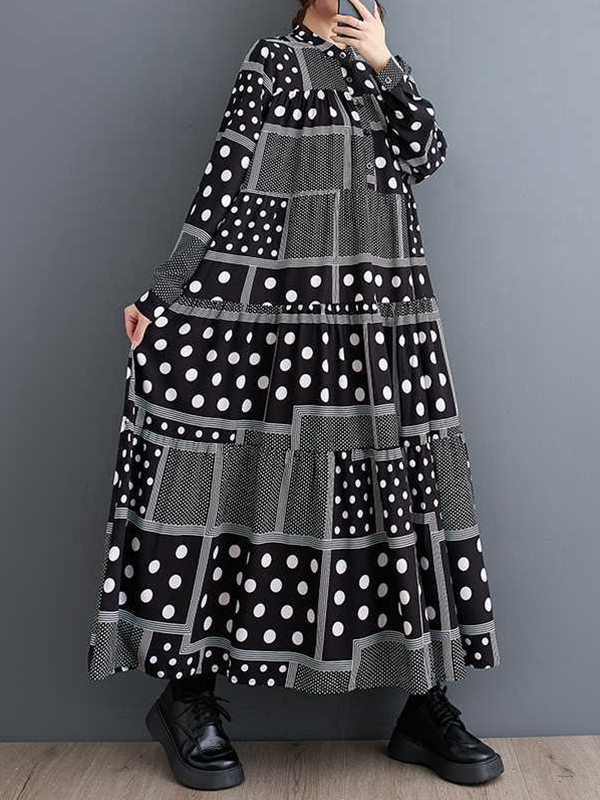 Long Sleeves Loose Buttoned Polka-Dot Printed Split-Joint Midi Dresses