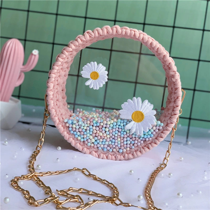 Women's Small Arylic Flower Cute Round Open Crossbody Bag