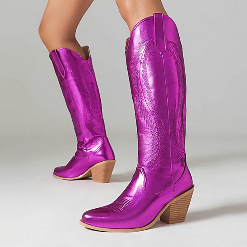 Metallic Sheen Jacquard V Groove Chunky Heels Knee High Boots