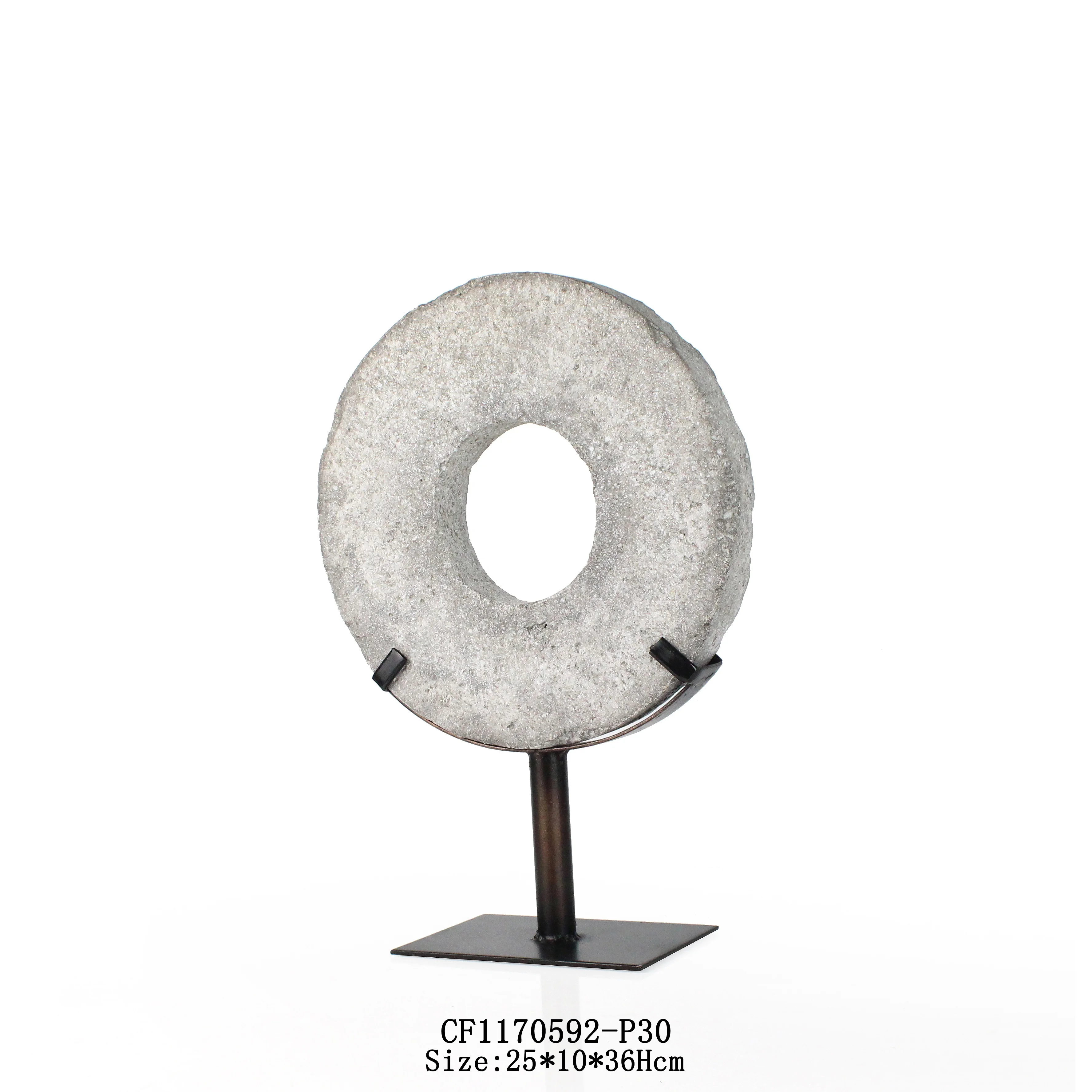 Resin Round Shaped Hole Imitation Stone Sculpture Ornaments Home Decor with Metal Base