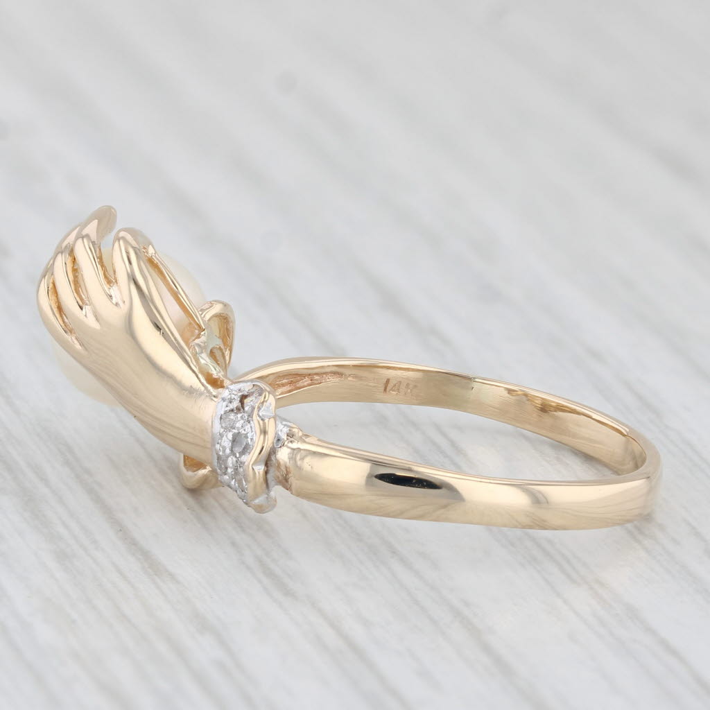 Hand Holding Cultured Pearl Diamond Ring 14k Yellow Gold Size 8.25