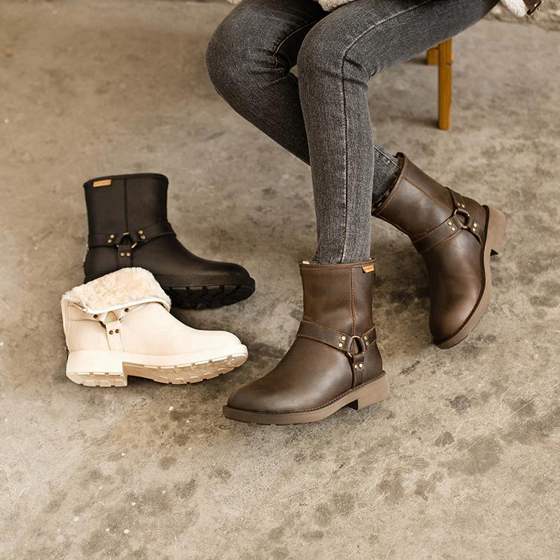 Waxing Leather Buckle Boots Handmade British Boots Fleece Lined Snow Boots Black/White/Coffee