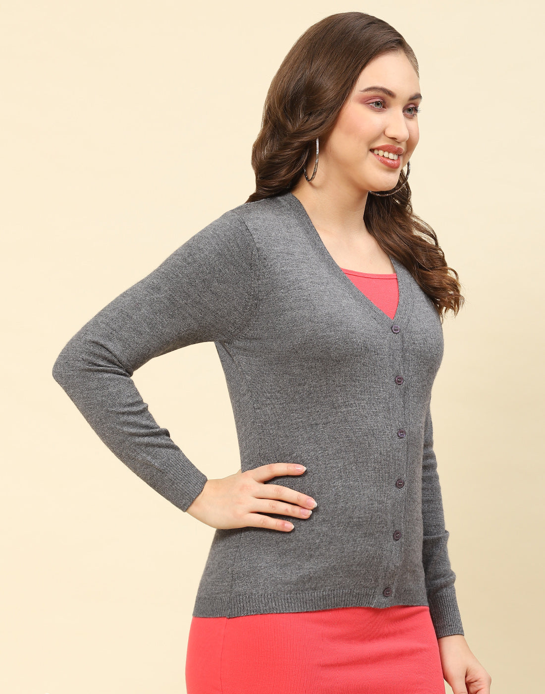 Women Grey Solid V Neck Full Sleeve Cardigan