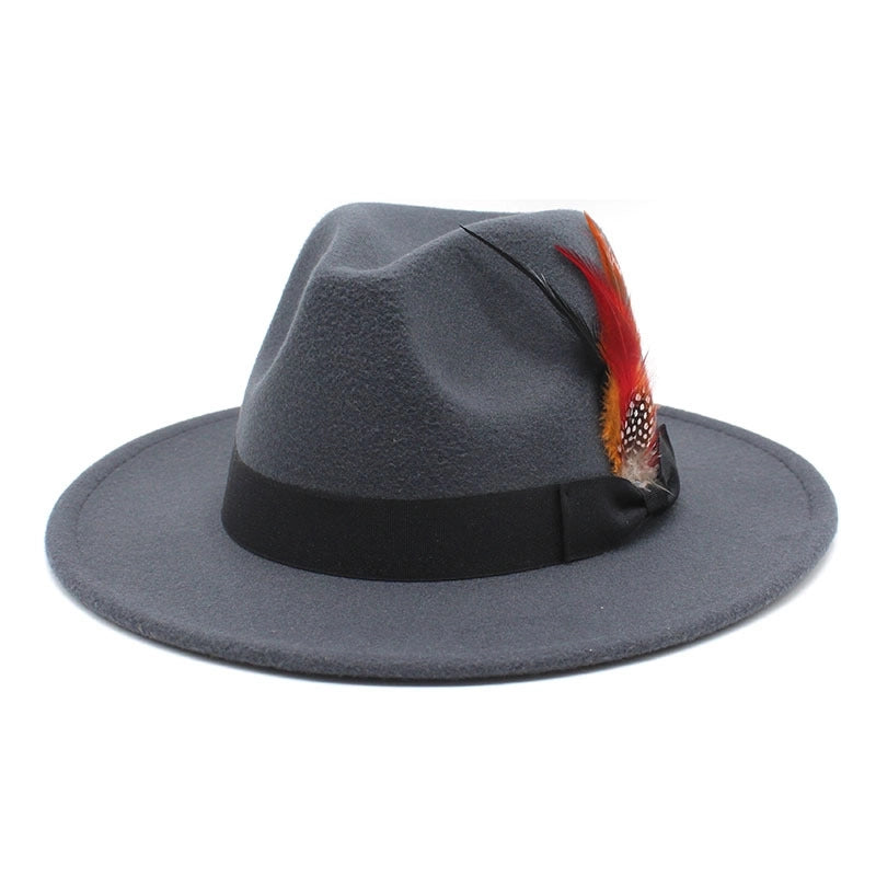Bow Feather Top Hat Autumn And Winter Big Brim Hat Fashionable Men's And Women's Cashmere Felt Hat Style New Hats