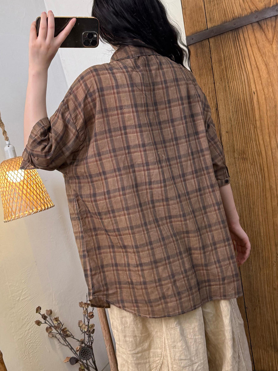 Women Summer Retro Plaid Turn-down Collar Shirt