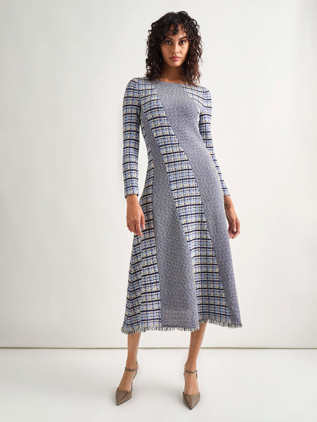 Fit-and-Flare Multi-Stitch Tweed Maxi Dress