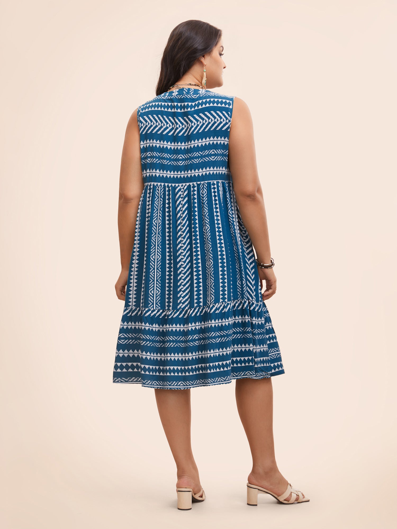 Striped Geometric Pocket Ruffle Hem Sleeveless Tank Dress