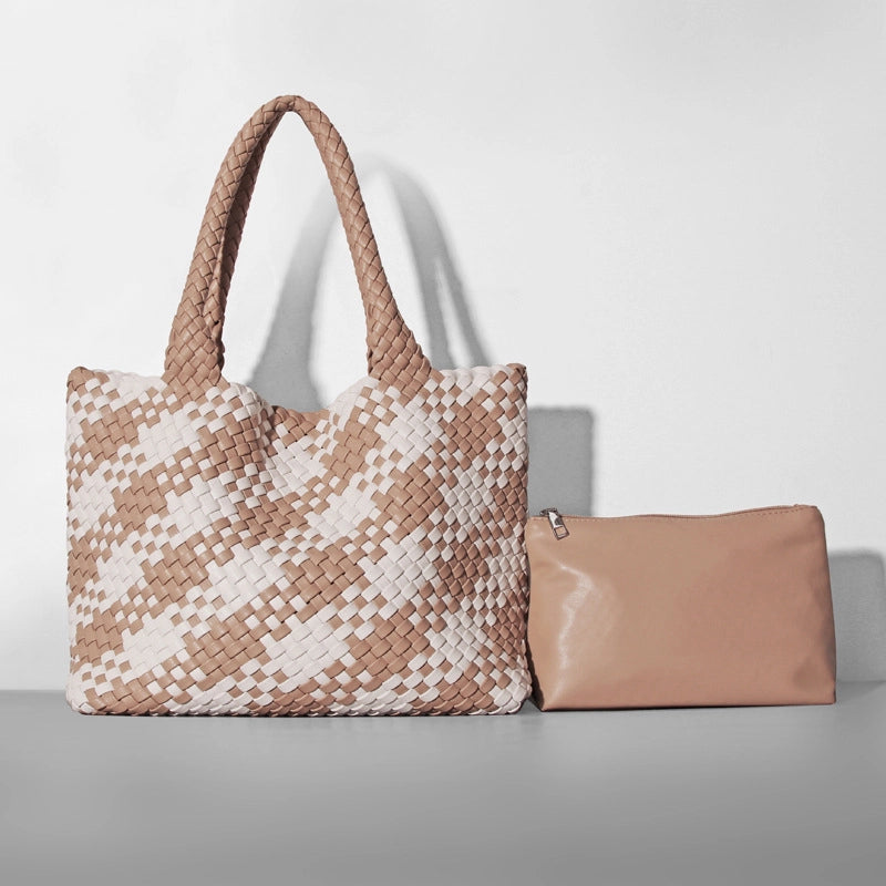 Women's Large Pu Leather Solid Color Classic Style Streetwear Weave Bucket Magnetic Buckle Bag Sets