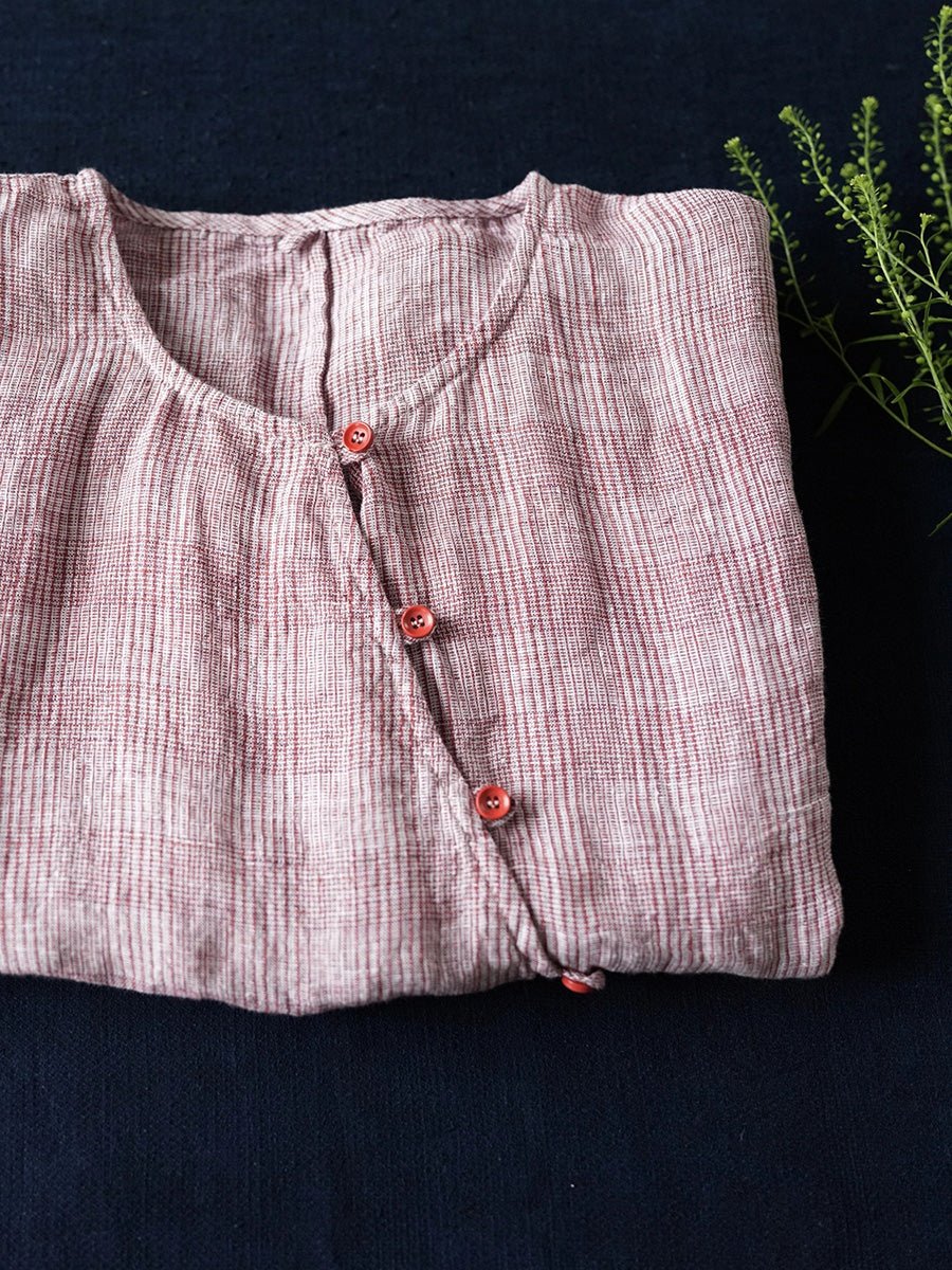 Women Summer Retro Plaid O-Neck 100%Linen Shirt