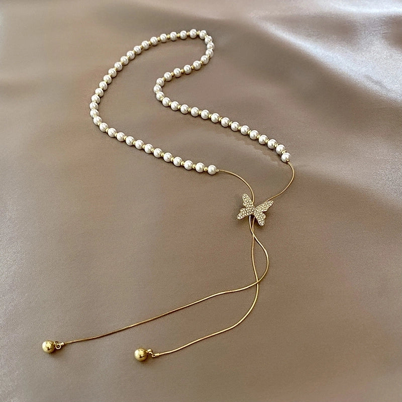 Fashion Flower Butterfly Titanium Steel Copper Pearl Plating Inlay Rhinestones Pendant Necklace 1 Piece