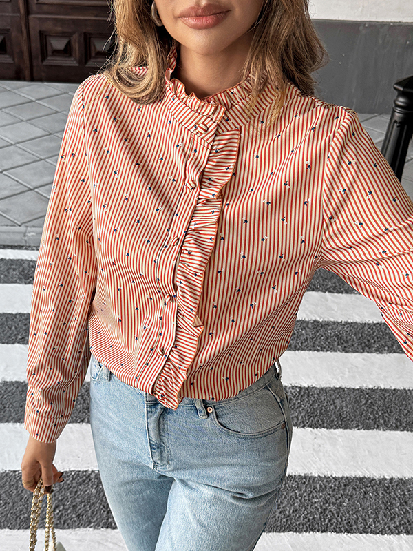 Long Sleeves Loose Buttoned Ruffle Trim Striped Mock Neck Blouses&Shirts Tops