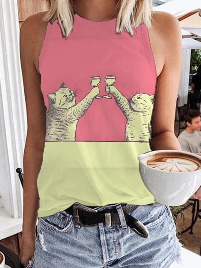 Women's Color Funny Cats Art Print Casual Tank Top