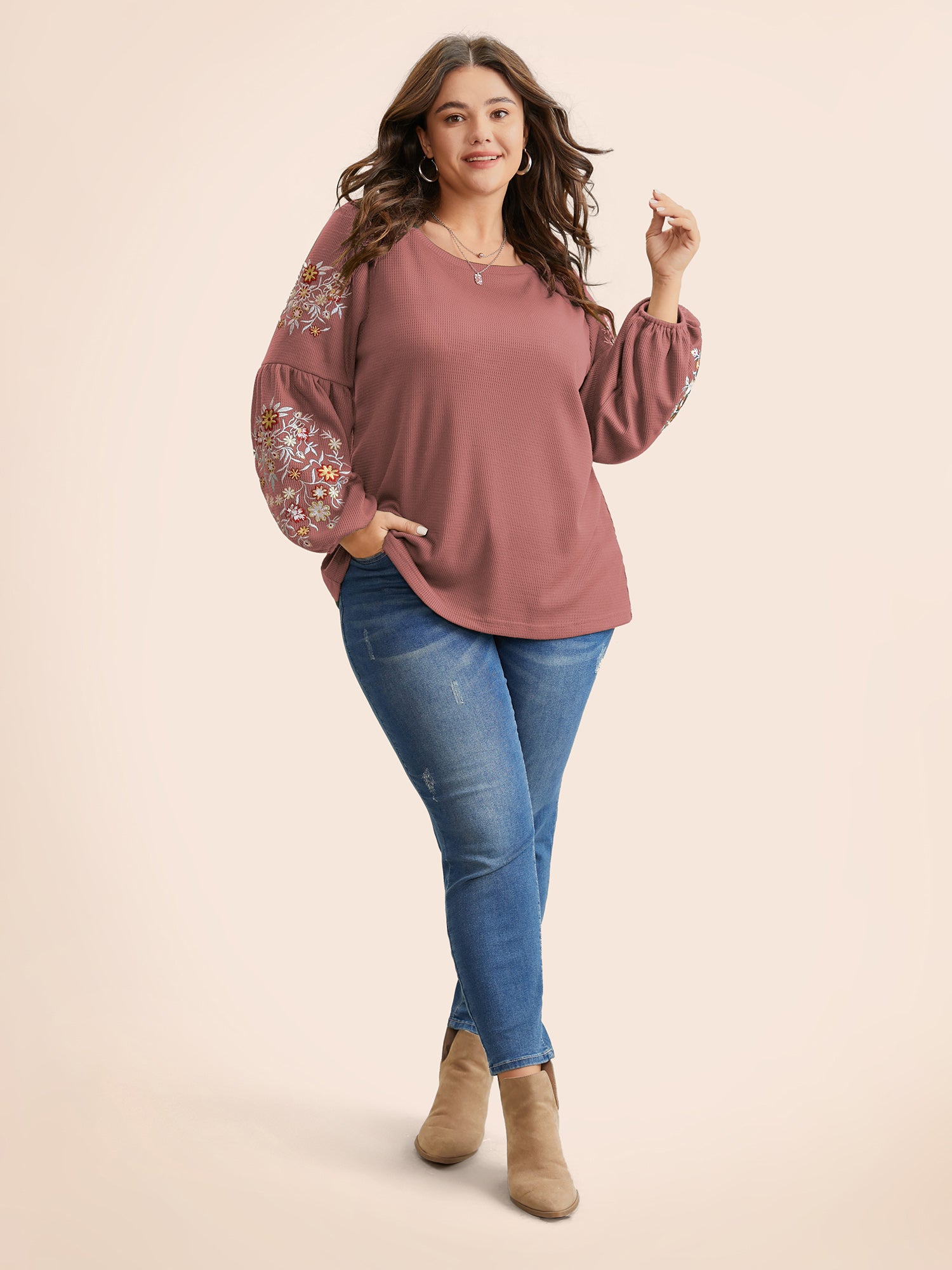 Waffle Knit Floral Embroidered Lantern Sleeve T-shirt