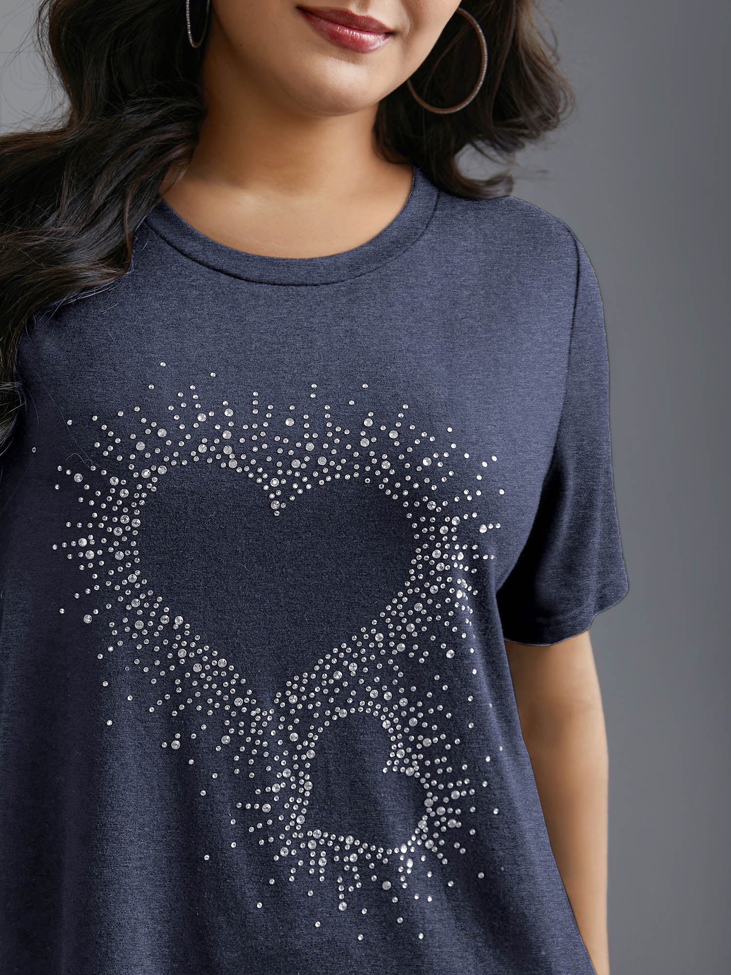 Crew Neck Rhinestone Heart T-Shirt