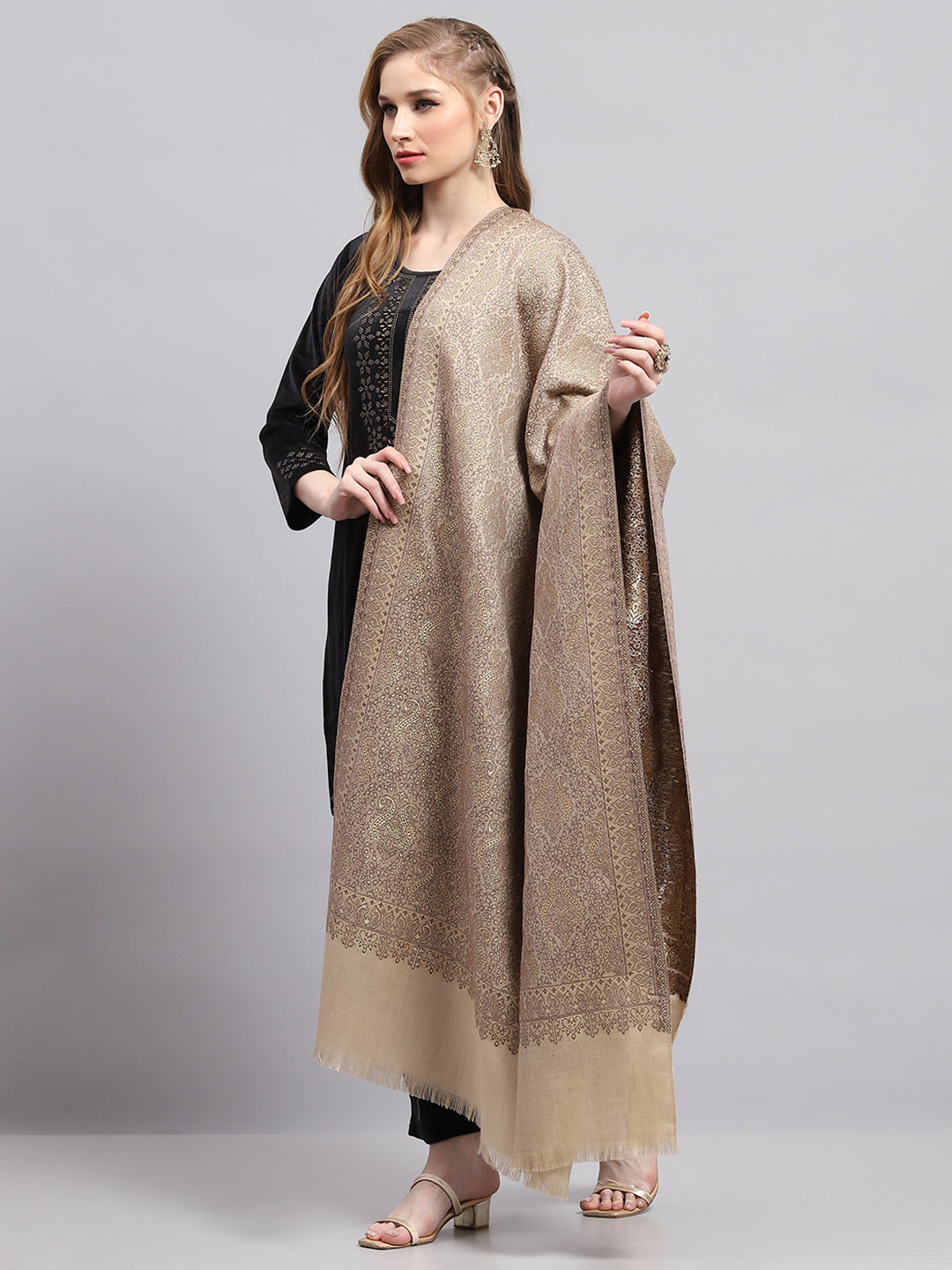 Women Beige Self Design Shawl