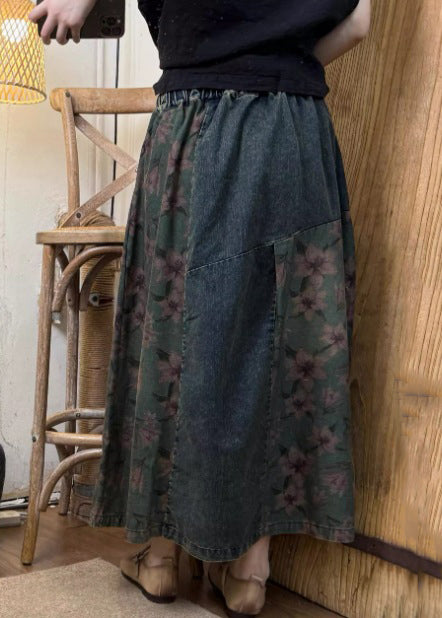 Boho Blue Oversized Patchwork Denim A Line Skirt Summer