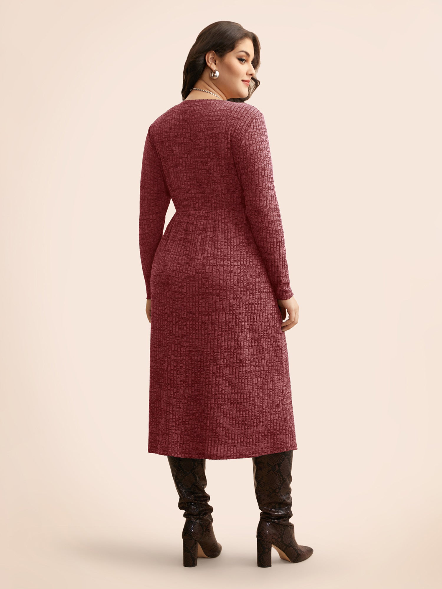 Crew Neck Button Detail Split Hem Dress