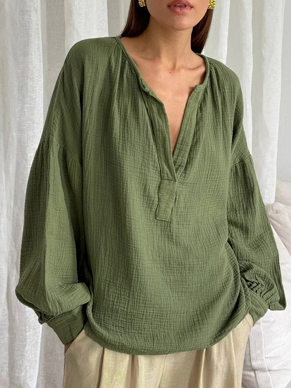Loose Puff Sleeves Pleated Solid Color Split-Joint V-Neck Blouses&Shirts Tops