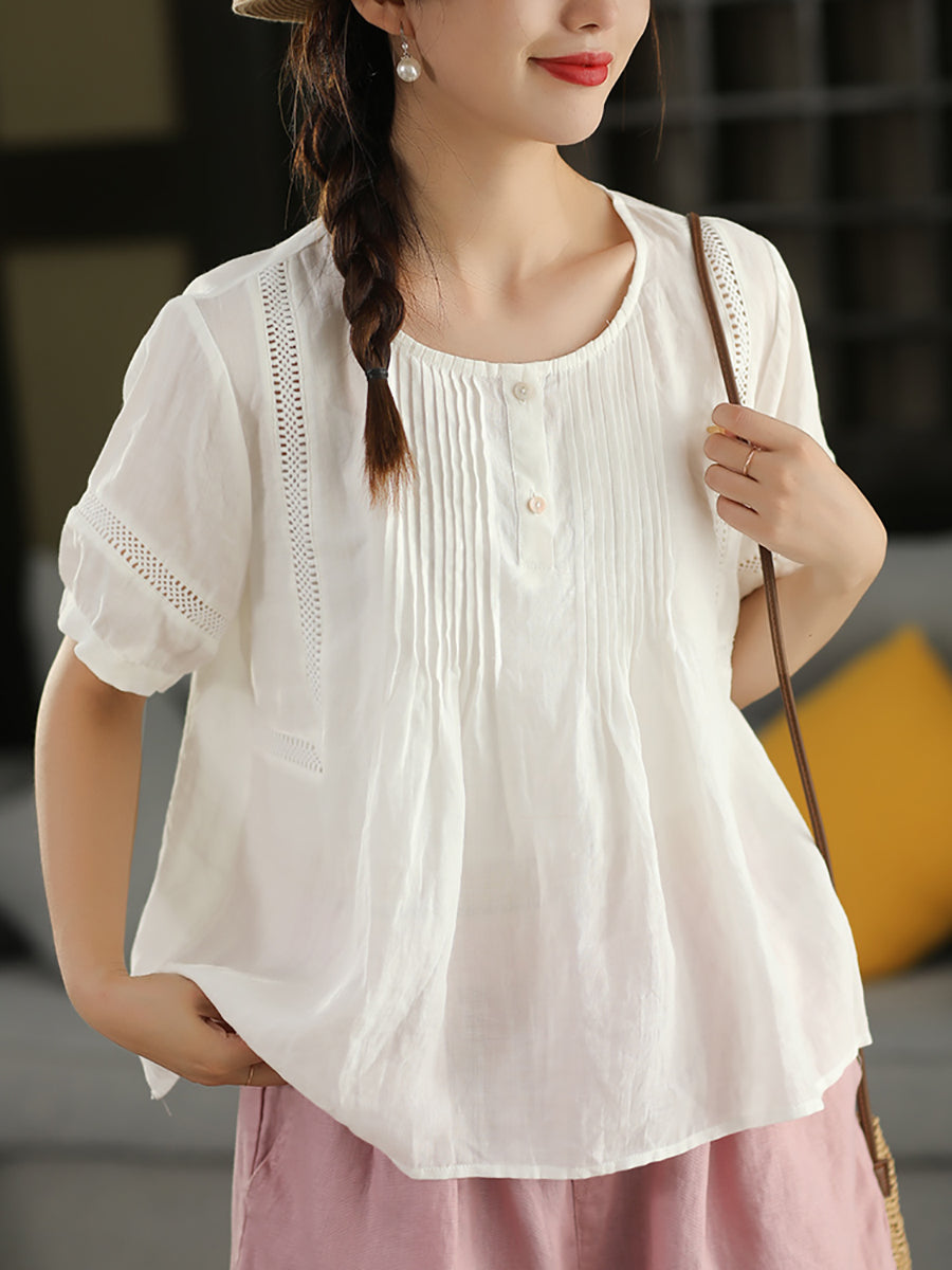Women Summer Artsy Shirred O-Neck 100%Ramie Shirt