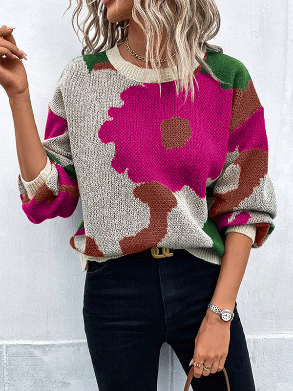 Loose Puff Sleeves Asymmetric Knitted Flower Split-Joint Round-Neck Sweater Tops