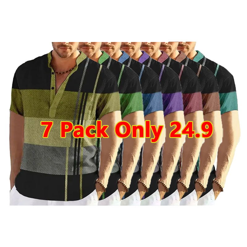 🔥7 Pack  Vintage Men's Shirt 3d Fashion Patchwork Print Shirt Oversized Casual Short-sleeved Summer Streetwear Men Clothing Tees Tops