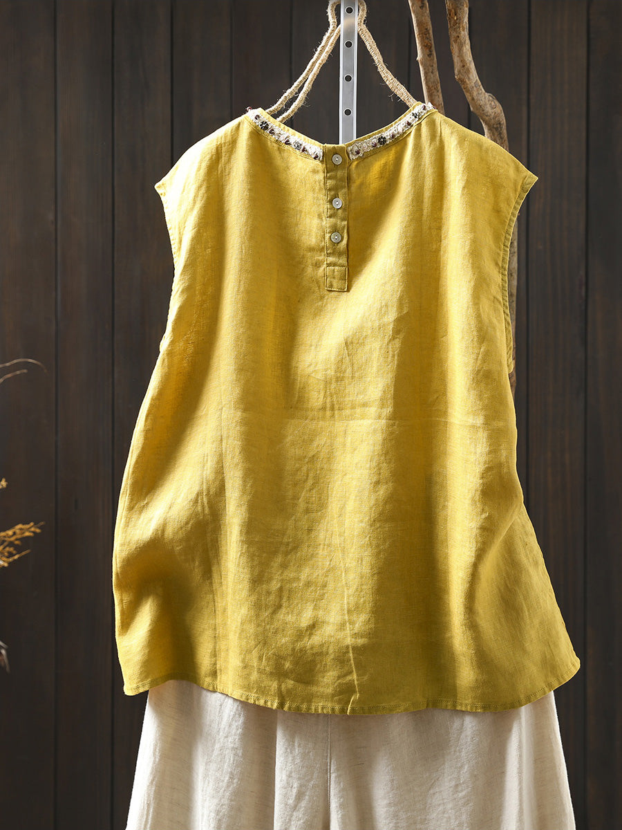 Women Summer Artsy Pure Color 100%Linen Spliced O-Neck Shirt