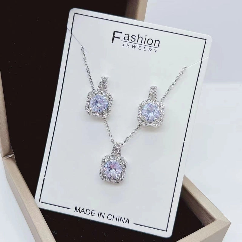 Elegant Square Titanium Steel Inlay Zircon Earrings Necklace