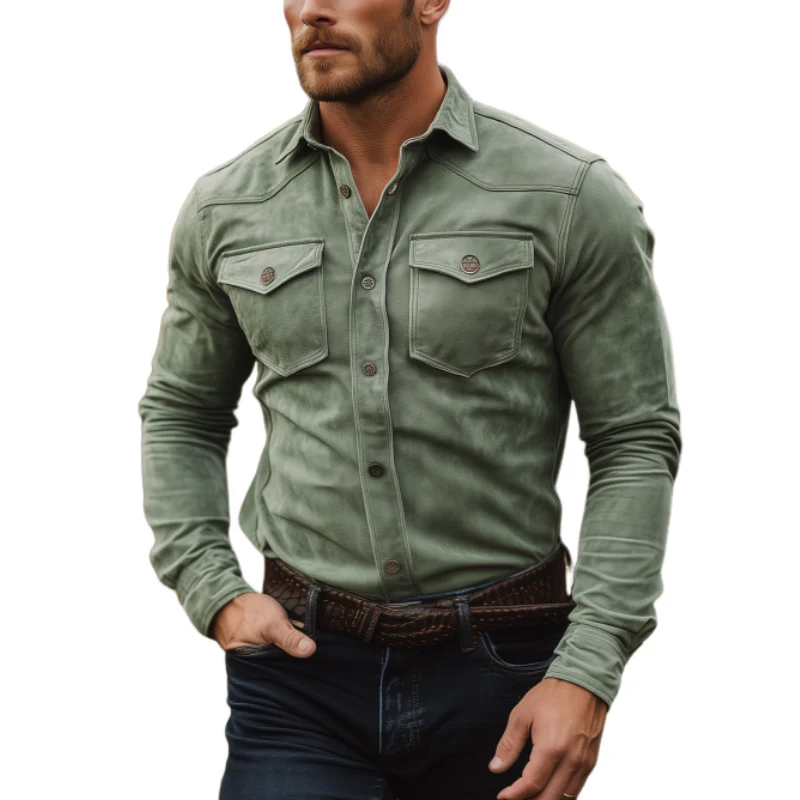 Men's Classic Casual Western Style Solid Color Slim Fit Suede Long Sleeve Shirt