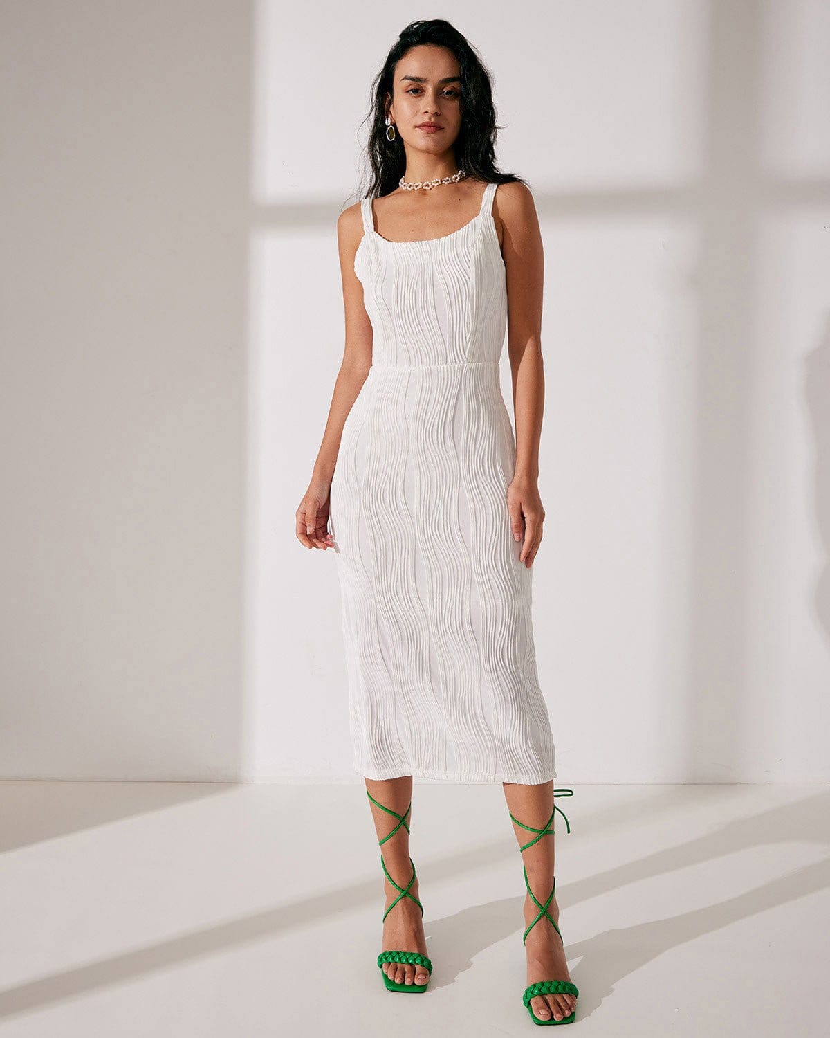 The Water Ripple Textured White Backless Midi Dress