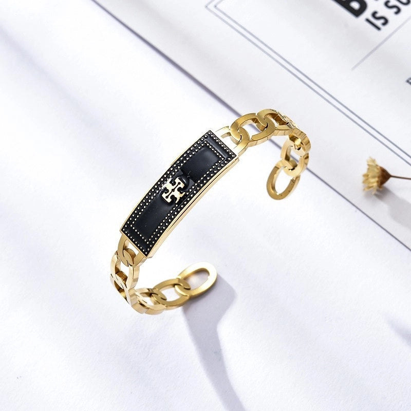 Minimalist Roman Style Round Titanium Steel Inlay Zircon Bangle