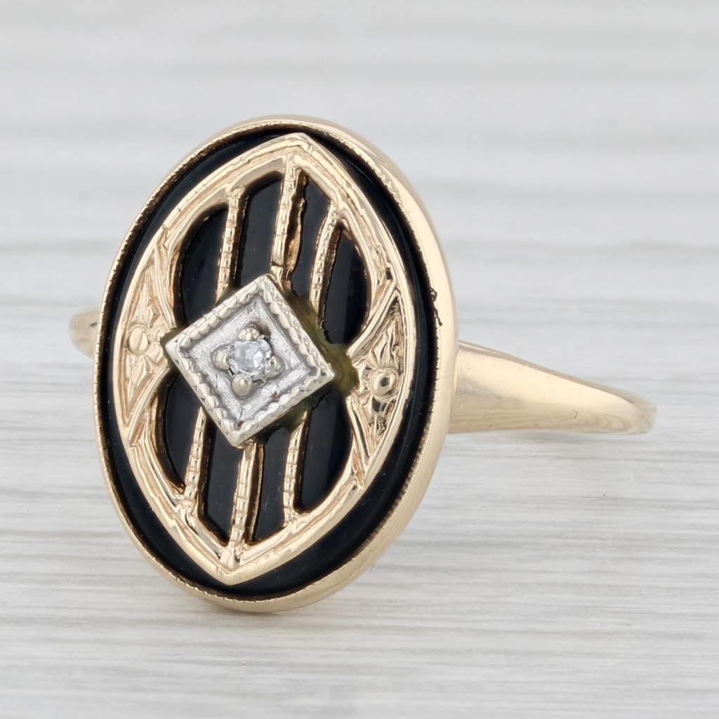 Vintage Onyx Signet Ring 10k Yellow Gold Diamond Accent