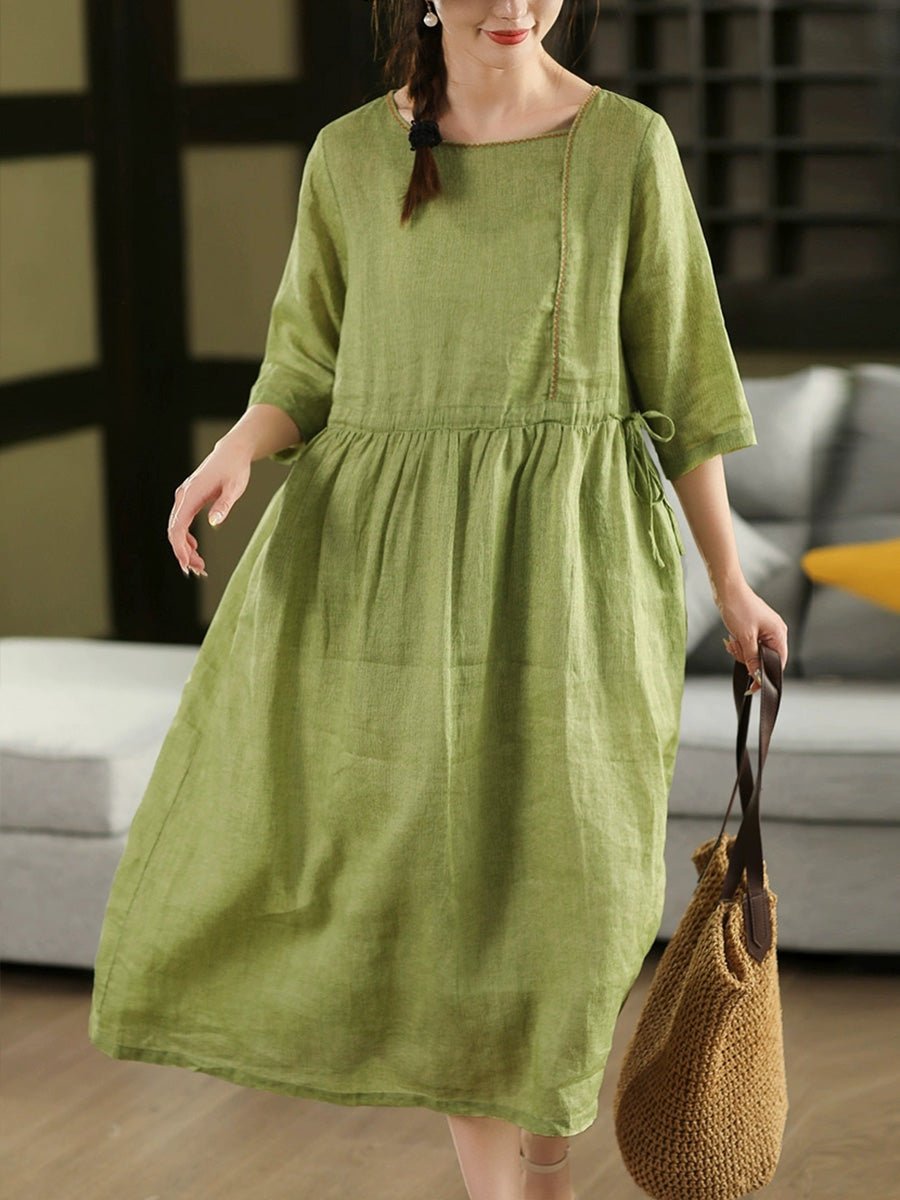 Women Summer Pure Color O-Neck 100%Ramie Dress