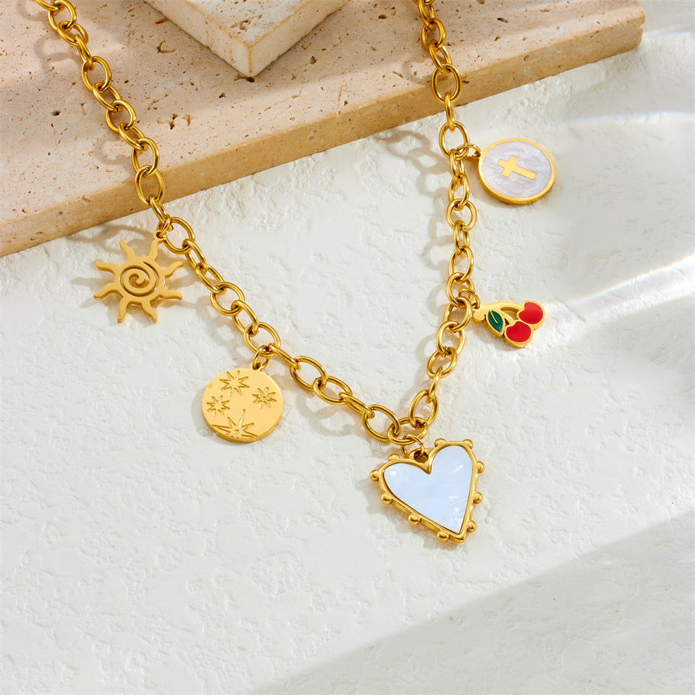 Fashion Retro Multi-Element Love Bowknot Shell Cherry Cross Eye Chain Necklace