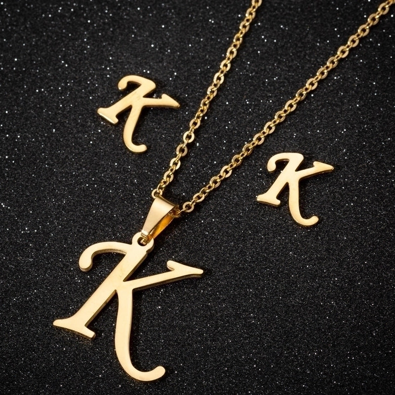 Women's Fashion Minimalist Letter Stainless Steel Pendant Necklace Ear Studs Plating Jewelry Sets