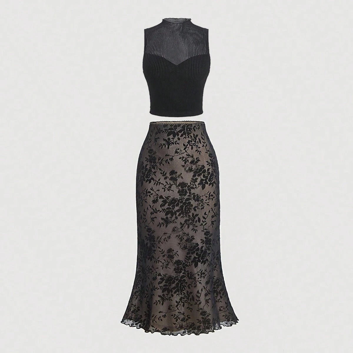 Parien Mock Neck Ribbed Knit Tank Top and Floral Print Lettuce Trim Mesh Overlay Skirt