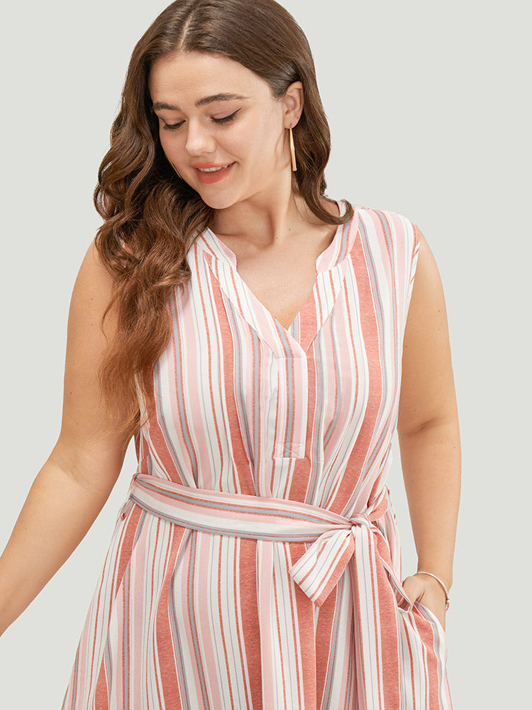 Striped Contrast Belted Pocket Notched Tank Dress