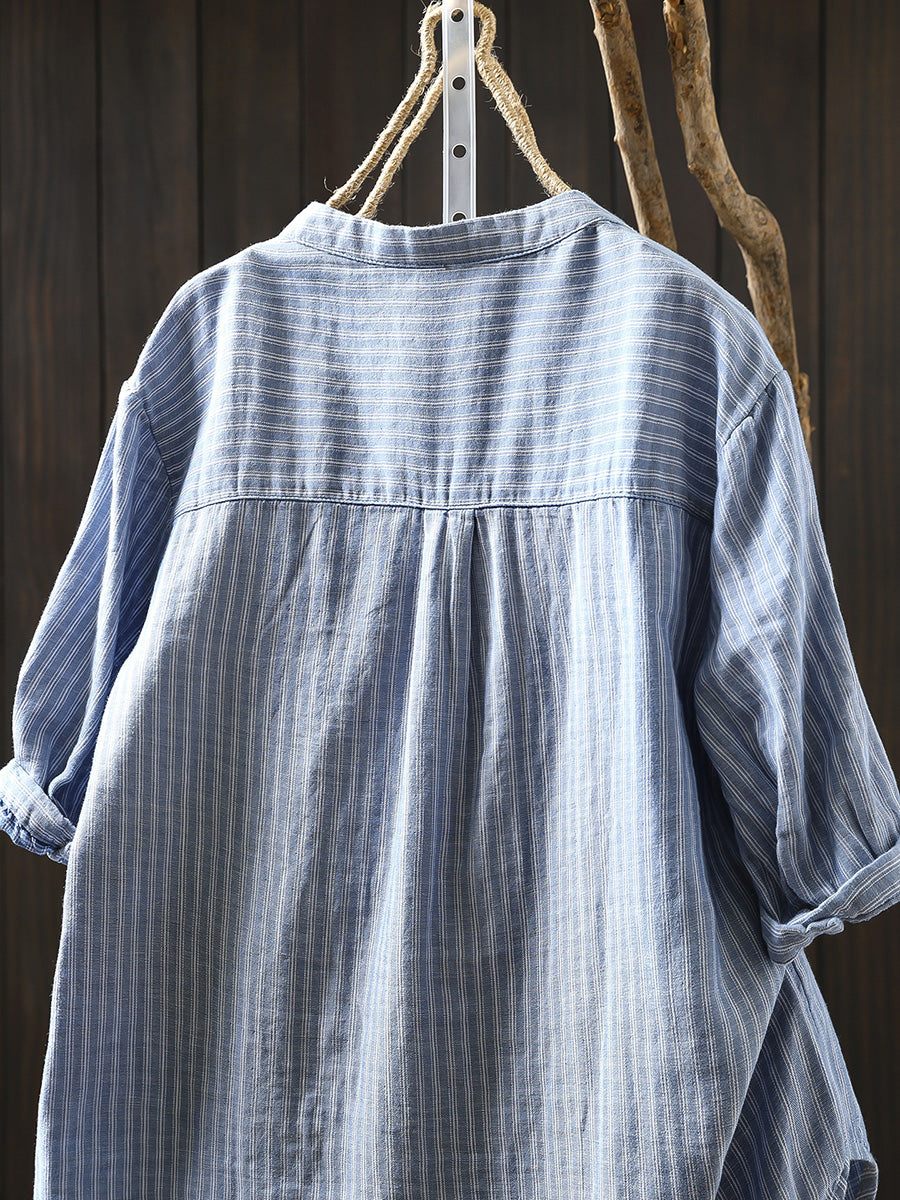 Women Summer Casual Stripe V-Neck 100%Cotton Shirt