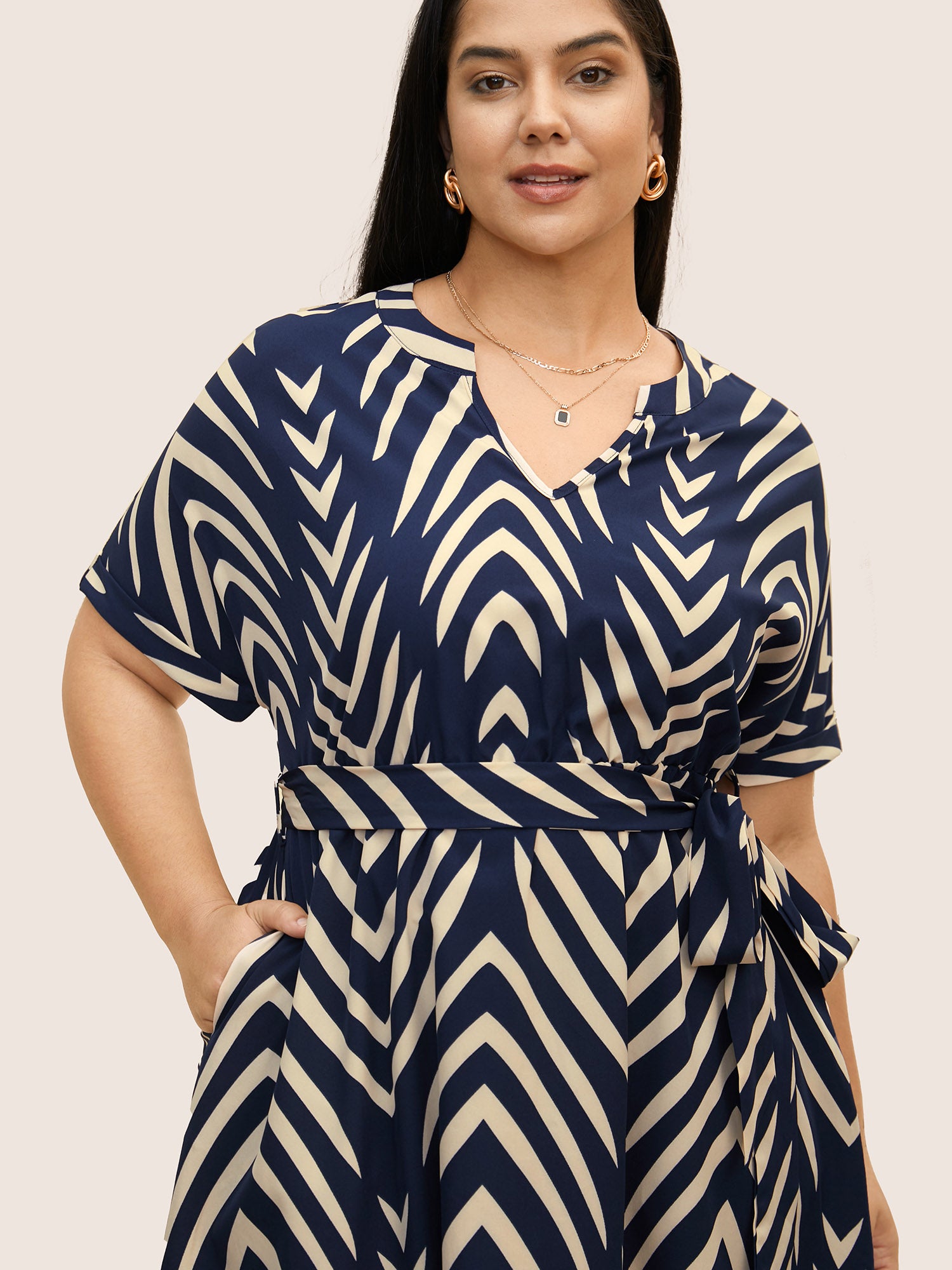 Geometric Belted Dolman Sleeve Curved Hem Dress