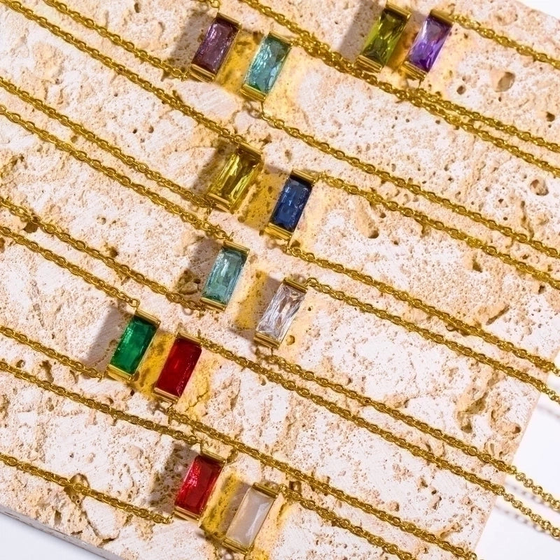 201 Stainless Steel Retro Inlay Rectangle Birthstone Zircon Pendant Necklace