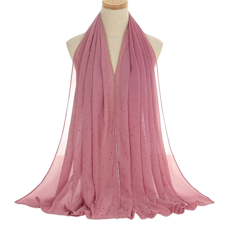 New Rhinestone Chain Pearl Chiffon Long Scarf Casual Diamond Headscarf Scarf Scarf Women's Scarf