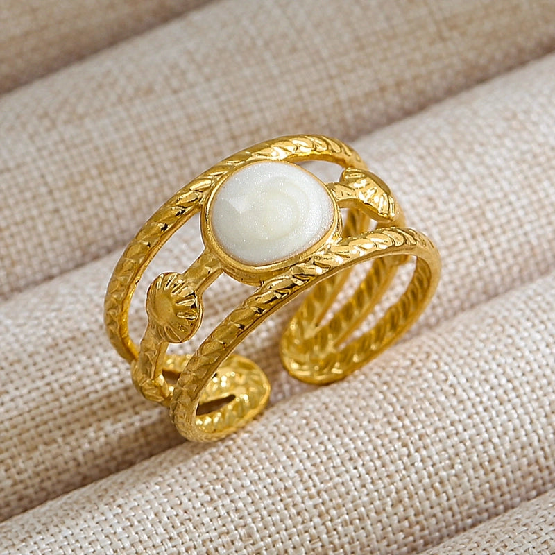 Rock Oversized Leaves Eye Flower 304 Stainless Steel Gem 18K Gold Plated Inlay Open Rings