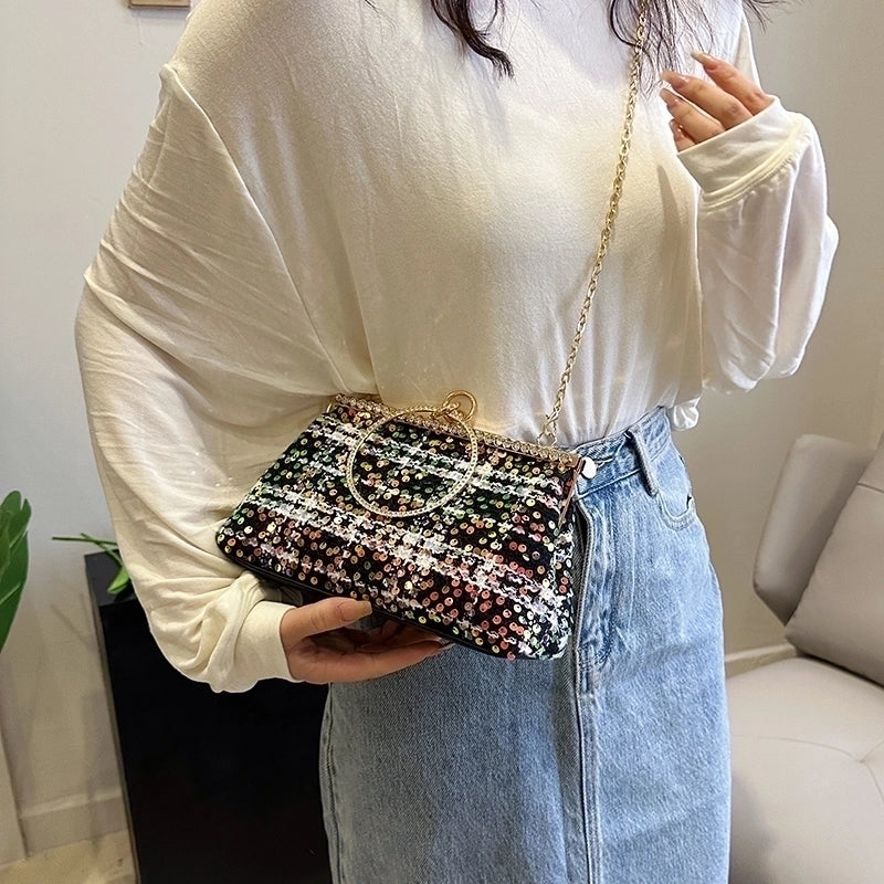 White Pink Blue Woven Fabric Solid Color Shell Sequins Evening Bags