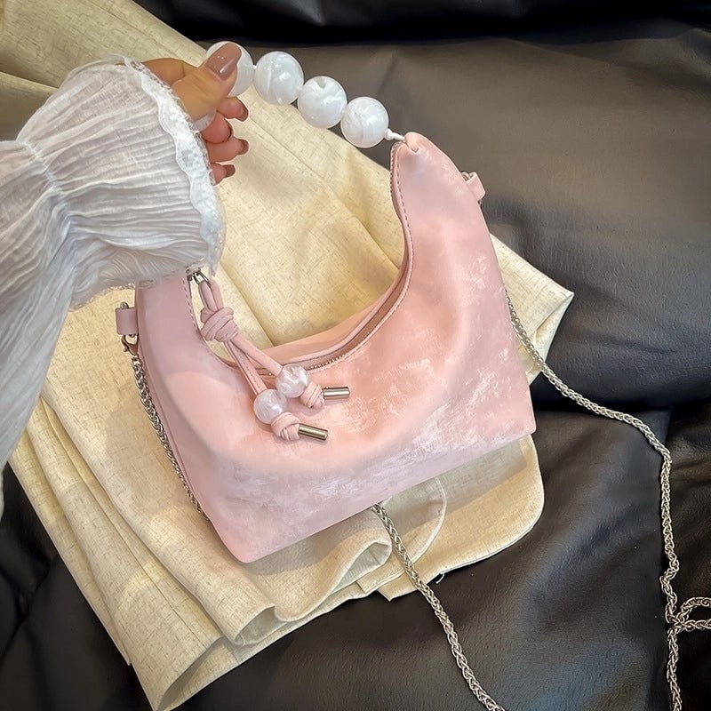 Women's Small Pu Leather Solid Color Classic Style Streetwear Beading Pillow Shape Zipper Underarm Bag