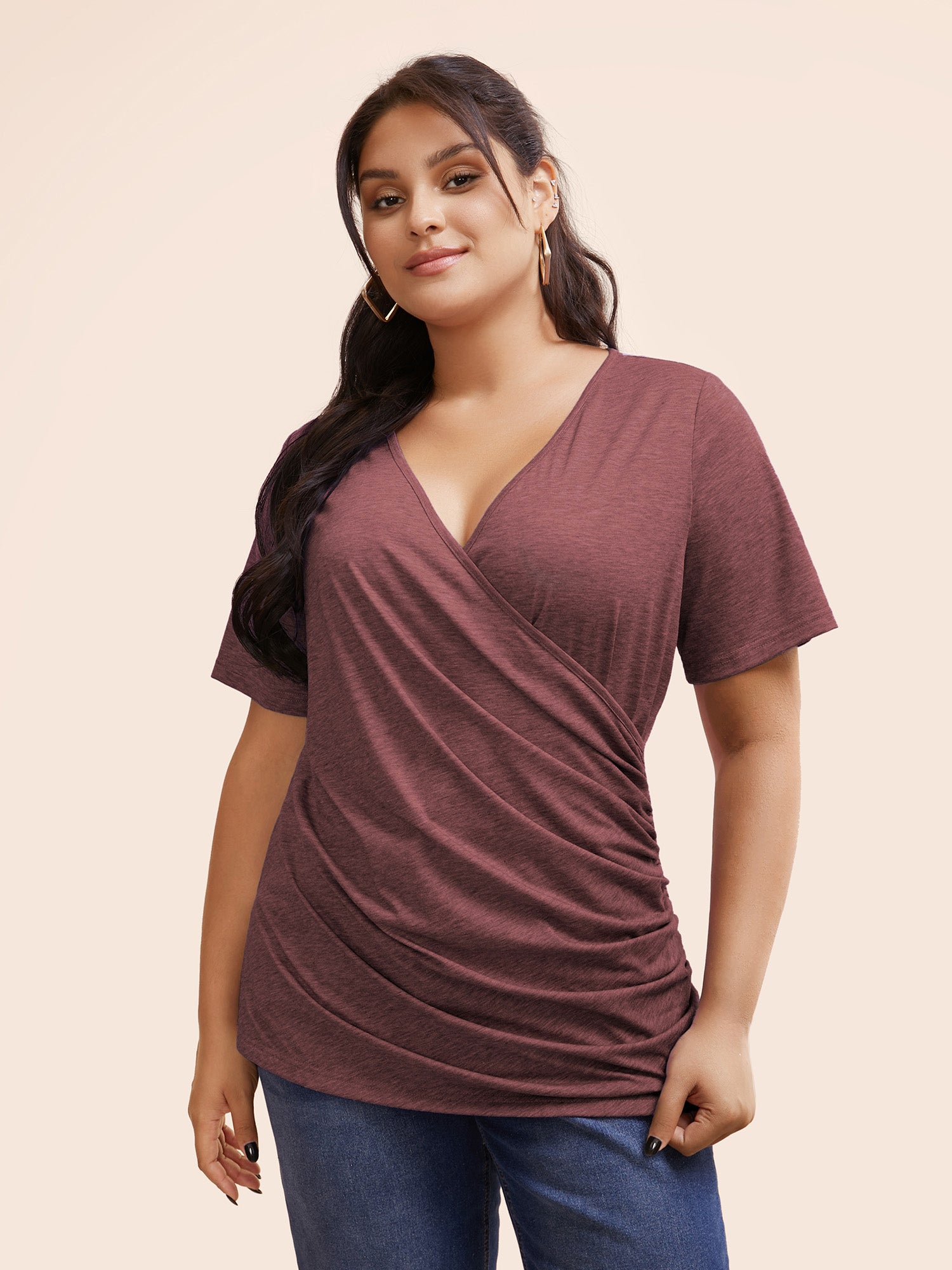 Solid Heather Overlap Collar Gathered T-shirt