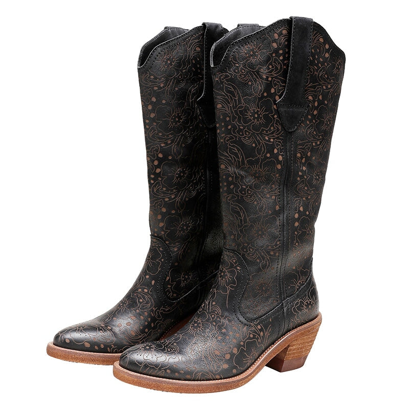 Womens Flowers Carving Western Boots Knee High Leather Cowboy Boots in Black/Coffee