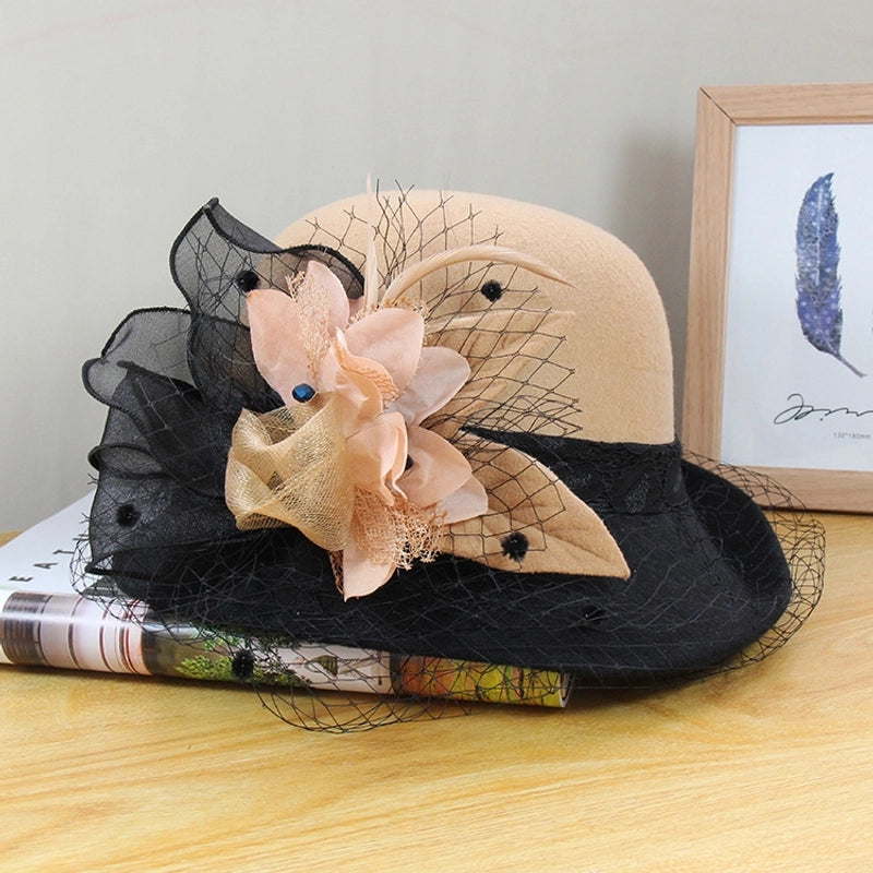 Wool Hat Women's Autumn And Winter  Vintage Basin Hat Hepburn Mesh Flower Curled Top Hat