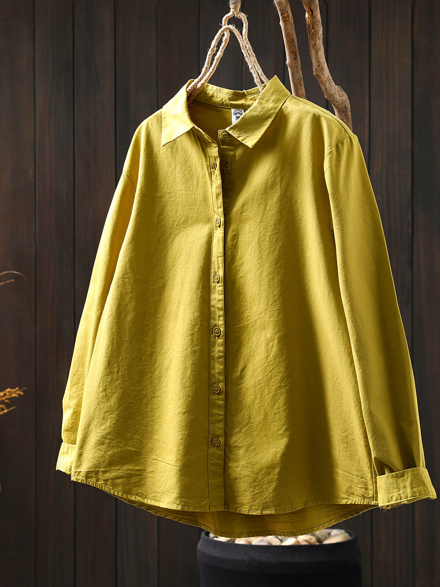 Women Summer Pure Color Turn-down Collar 100%Cotton Shirt