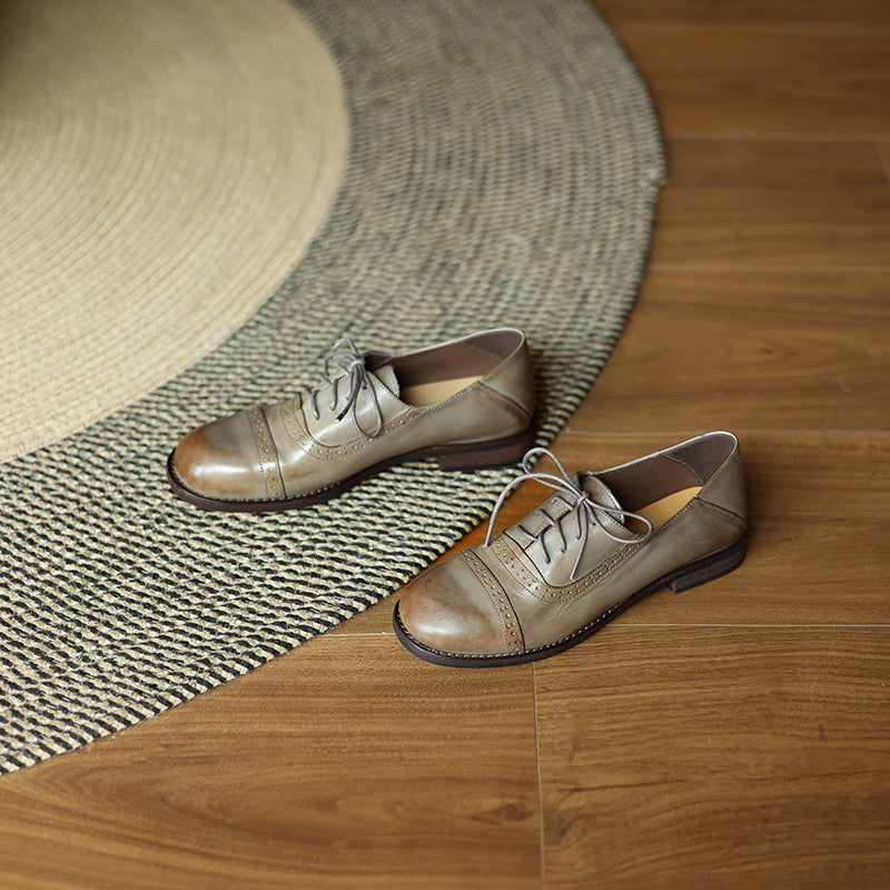 Genuine Leather Vintage Brogue Oxford Shoes Lace-Up Classic Formal Shoes in Black/Coffee/Grey