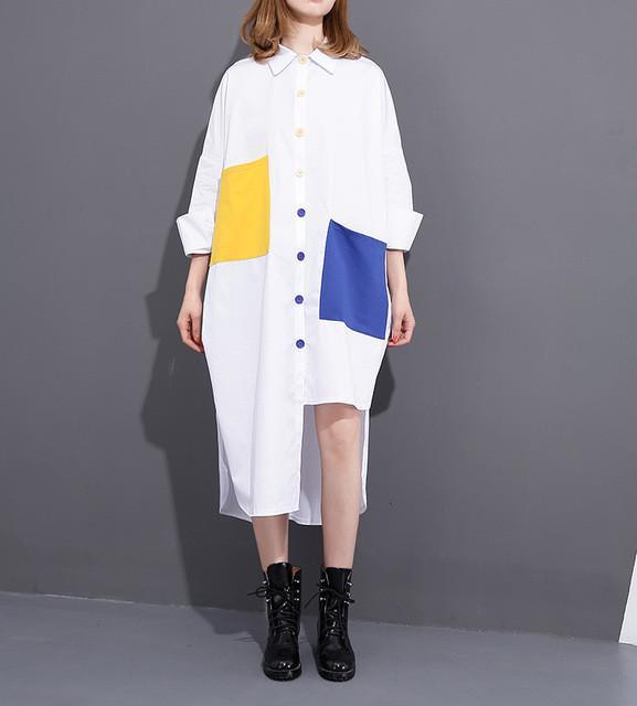 Asymmetrical Yellow And Blue Button Up Shirt Dress